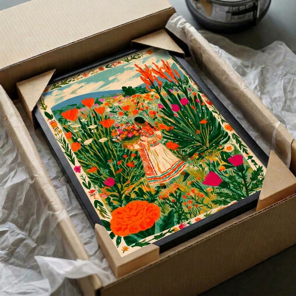 Cottagecore-inspired art print of a woman gathering flowers in an idyllic field, blending folk art charm with boho warmth in a palette of cream, teal, magenta, and natural greens.