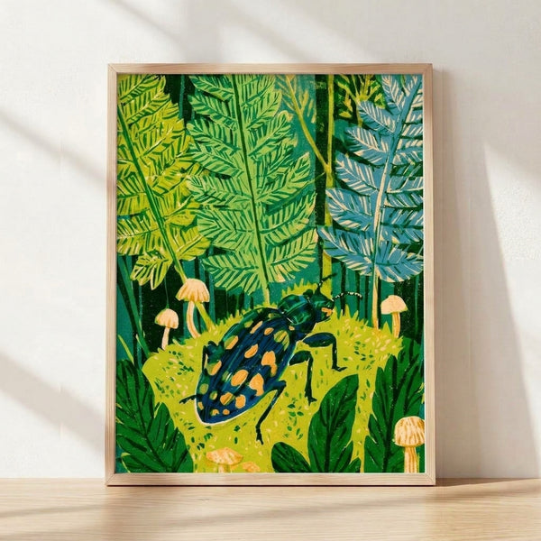 Whimsical watercolor forest scene with a spotted beetle among delicate ferns, mushrooms, and grass in soft sage green, lime yellow, and teal tones on cream background, framed as boho wall art.