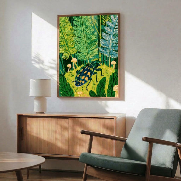 Framed boho nature poster depicting a whimsical forest landscape with a spotted beetle, ferns, toadstools, and grass in soft watercolor hues of teal, lime, and sage green.
