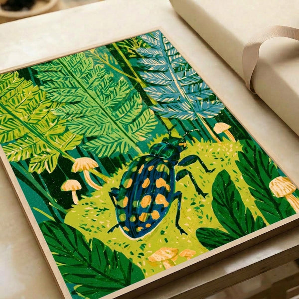 Enchanted woodland watercolor art print with a delicate spotted beetle among ferns, mushrooms, and grass in a serene palette of cream, navy, sage, and lime—boho botanical wall decor.