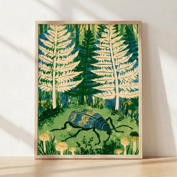 Framed vintage minimalist poster featuring a golden beetle surrounded by forest greenery, ferns, and mushrooms in cream, forest green, and teal tones.