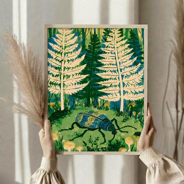 Framed nature art print with whimsical illustration of a beetle among tall trees and botanical elements in muted greens and gold on a cream background.