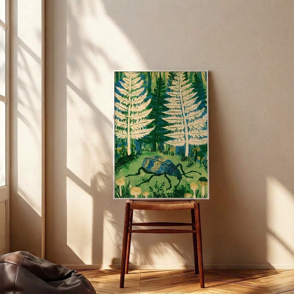 Cottage core wall art print showing a serene forest scene with a golden beetle, grass, ferns, and forest vegetation in minimalist vintage style.