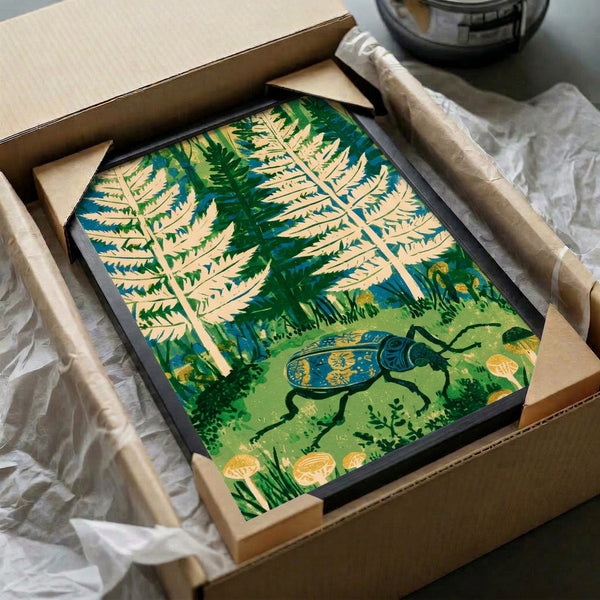 Framed botanical poster with naturalistic wonder aesthetic depicting a beetle in its woodland habitat with mushrooms and verdant foliage in soft, earthy colors.