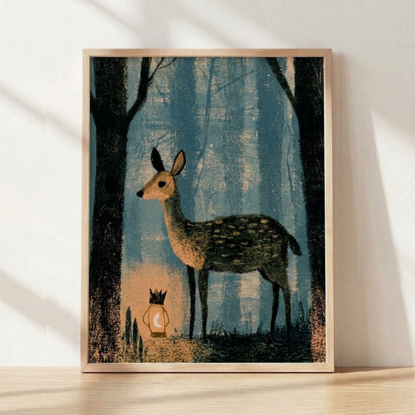 Watercolor painting of a deer wearing a crown and holding a glowing lantern, surrounded by misty forest trees in sage green, cream, and warm tan tones on a framed poster.