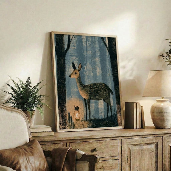 Whimsical cottagecore art print depicting a crowned deer clutching a lantern amid enchanted woodland scenery rendered in soft watercolor with earthy green and neutral hues.