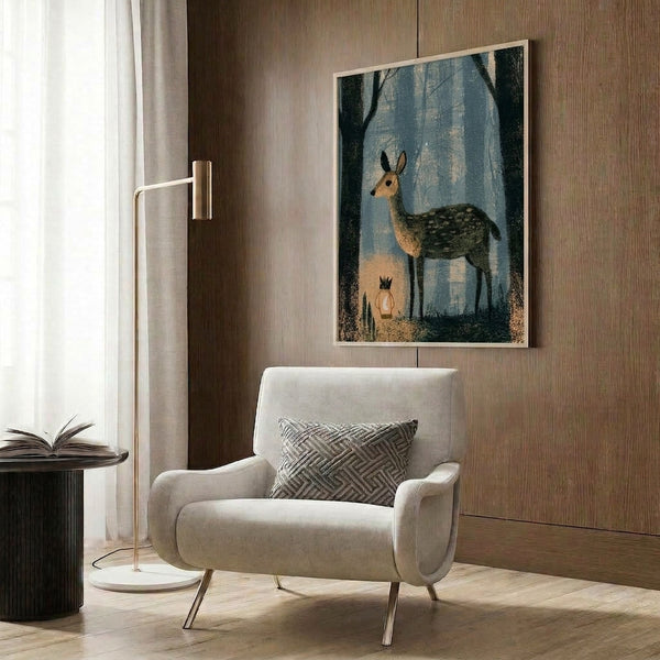 Folk art style framed poster showing a peaceful deer in a forest setting with lantern and crown, painted in muted watercolor palette of sage, charcoal, and cream.