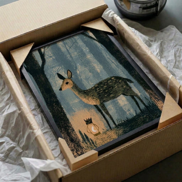 Enchanted forest watercolor artwork featuring a crowned deer holding a lantern surrounded by misty trees, presented as a framed print in soft woodland tones.