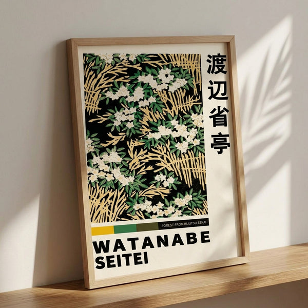 Decorative forest flower composition in the style of Japanese woodblock printing, featuring naturalistic botanical elements in soft cream, green, and gold accents.