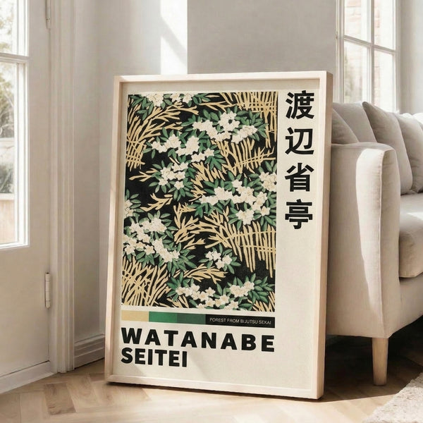 Elegant Japanese botanical wall art depicting flowering plants and forest foliage with refined linework and a sophisticated cream and forest green palette.