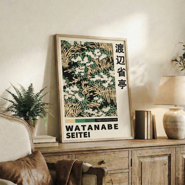 Framed botanical art print showcasing traditional Japanese woodblock aesthetics with graceful flowers and leaves in cream, gold, and forest green tones.