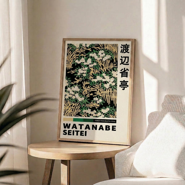 Natural botanical composition inspired by Japanese printmaking traditions, featuring delicate forest flowers and foliage in an Art Nouveau aesthetic with warm and cool tones.