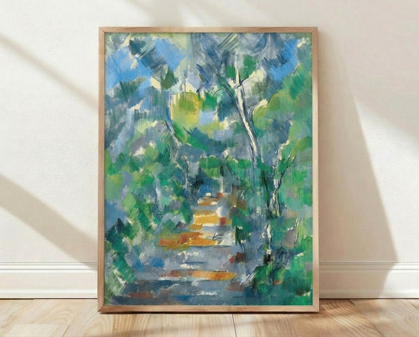Framed forest landscape painting in muted earth tones and soft greens, depicting a serene woodland scene with a contemplative, peaceful mood.