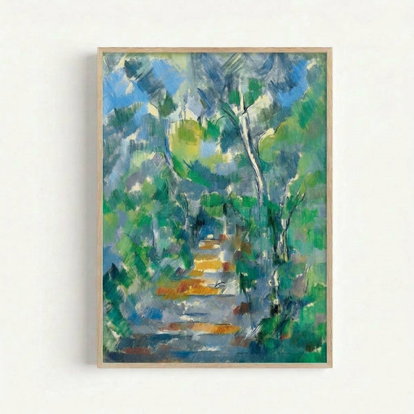 Classical forest scene print with layered trees and natural brushwork in warm browns and cool blue-greens, evoking a tranquil natural setting.