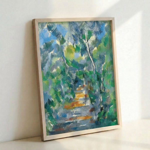 Landscape art print showing a densely wooded forest rendered in harmonious earth tones, creating a meditative and grounded atmosphere.