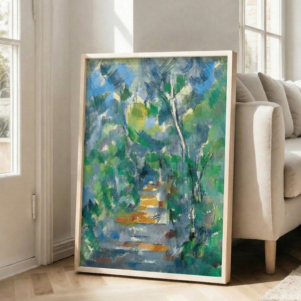 Framed woodland painting featuring impressionistic brushstrokes in greens, ochres, and muted blues, capturing the quiet depth of a forest interior.