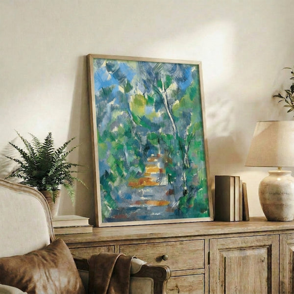 Nature-inspired landscape print with soft, blended colors of sage green and warm brown, displaying a peaceful forest composition on a gallery wall.