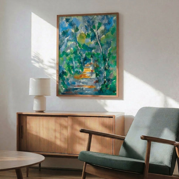 Forest landscape artwork in restrained, naturalistic tones of green, tan, and gray, with a calm, introspective mood suitable for office or home decor.