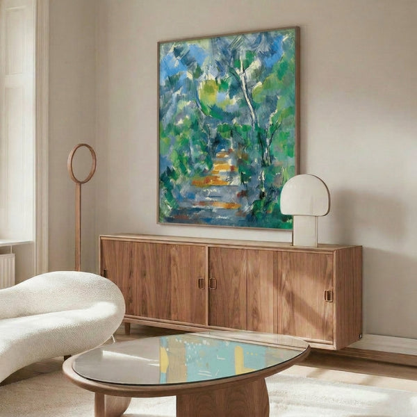 Painterly forest scene print in muted forest greens and earth hues, framed on wall, conveying stillness and the organic beauty of woodland depths.