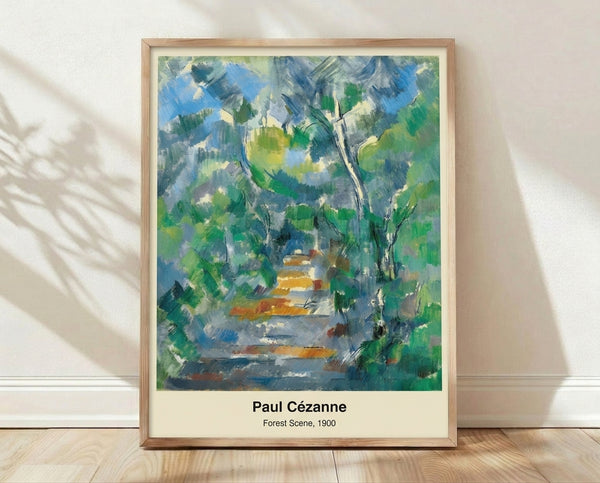Impressionist forest landscape with winding path through dense green and brown trees, featuring soft blue sky and ochre tones in a contemplative, serene composition.