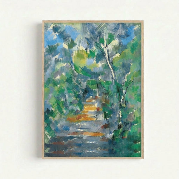 Framed art print of a tranquil forest scene with layered trees in muted greens and earthy browns, showcasing Impressionist brushwork and naturalistic mood.