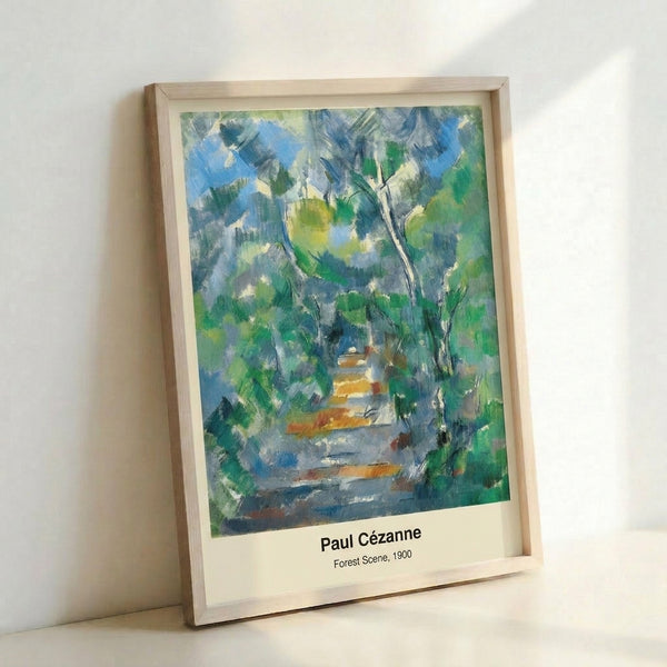 Serene woodland path painting with soft ochre, green, and blue palette, rendered in modern Impressionist style with a contemplative atmospheric quality.