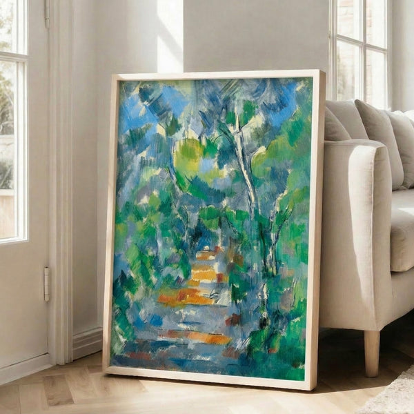 Forest landscape print featuring meandering path through trees in earthy browns and greens with delicate blue accents, evoking peaceful natural stillness.