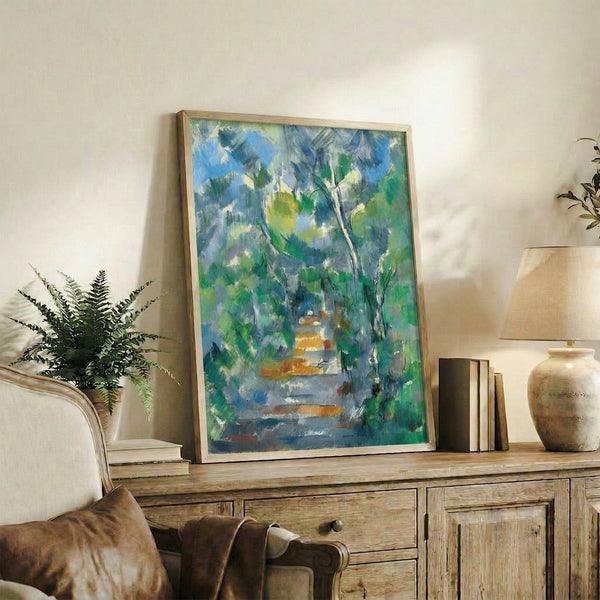 Contemplative forest composition with dense canopy in muted greens and ochres, winding pathway, and soft blue tones creating a tranquil naturalistic scene.