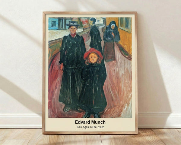 Framed modern art print depicting four figures representing different life stages in muted ochre, blue, and brown tones with an introspective, melancholic mood.