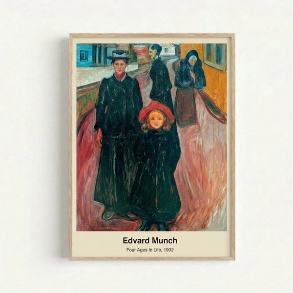Abstract impressionist poster showing human figures across ages in contemplative poses, rendered in earthy gold and green hues on a wall.