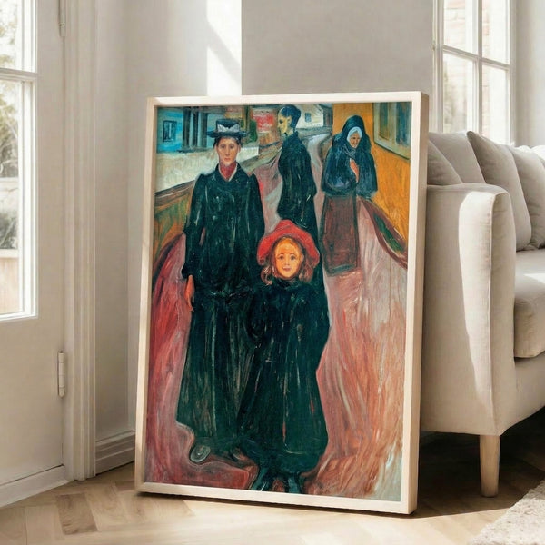 Framed wall art in impressionist style showing shadowy figures across different ages, with a melancholic palette of blue, ochre, and earthy browns.