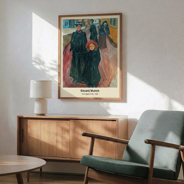 Modern poster depicting the passage through life with abstracted forms in a contemplative palette of ochre, brown, and muted blue-green tones.