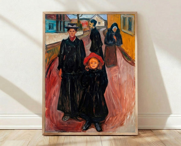 Framed poster of Edvard Munch's Four Ages In Life, a contemplative abstract artwork exploring the progression of human life stages through expressive brushwork and muted tones.