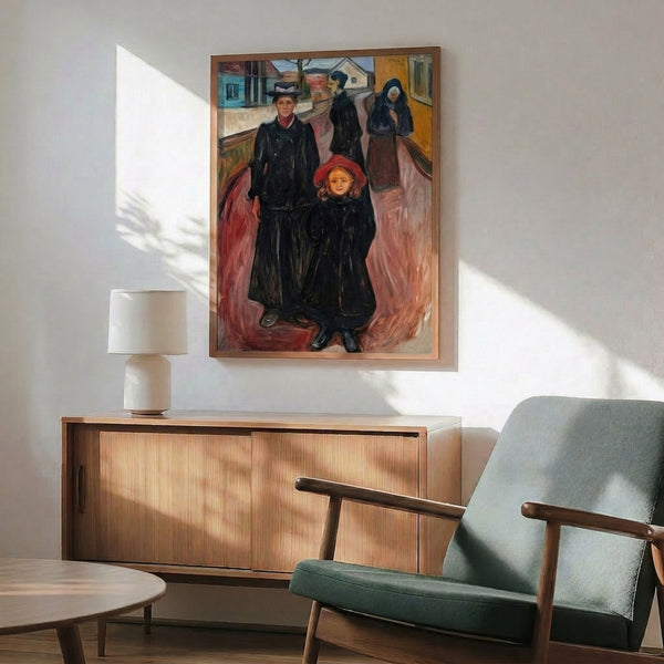 Framed reproduction of Edvard Munch's Four Ages In Life, combining abstraction and figuration to meditate on mortality, growth, and the passage of years.