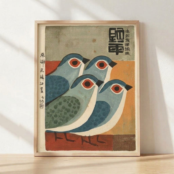 Traditional Japanese woodblock print featuring four stylized birds with detailed plumage in serene composition, rendered in blue-grey, cream, rust, and black tones on a framed poster.