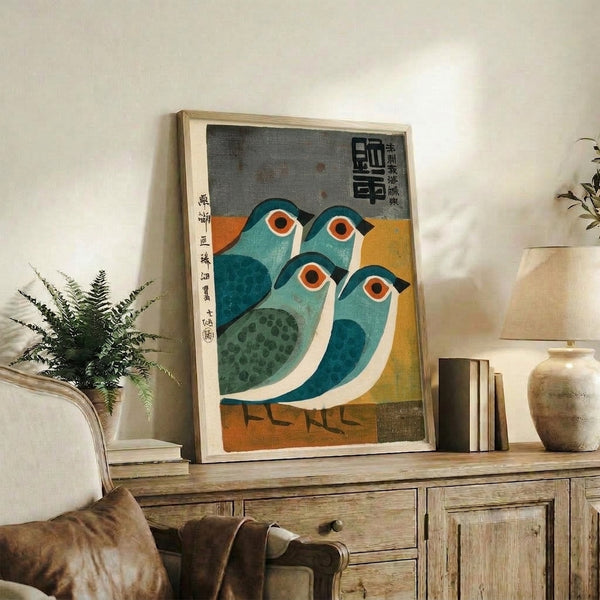 Zen-inspired woodblock art depicting four birds with expressive eyes and flowing feathers in a minimalist style, displaying warm rust and orange accents against cool grey-blue and cream hues.