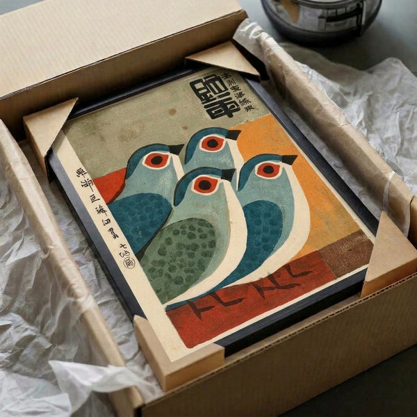 Serene four-bird woodblock print in Japanese style, highlighting delicate plumage details and bird eyes with a sophisticated palette of blue-grey, cream, and rust tones in minimalist framed composition.