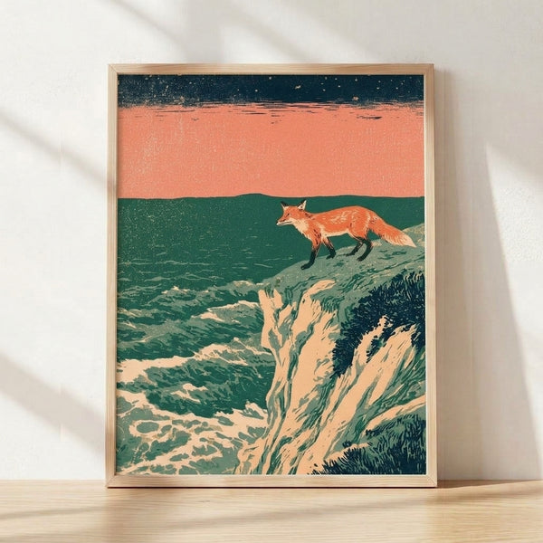 Vintage Japanese woodblock style framed art print depicting a rust-orange fox perched on a cliff edge overlooking a deep teal ocean at dusk, with gold stars dotting a charcoal sky, evoking contemplative wildlife serenity.