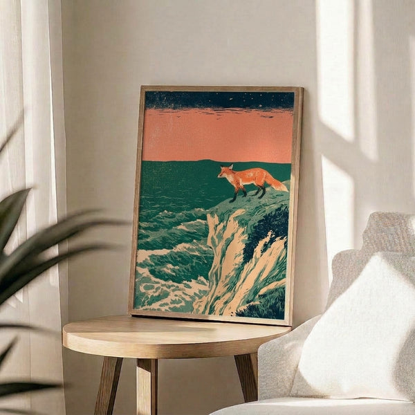 Contemplative coastal art print in vintage Japanese woodblock style showing a fox on a rocky cliff with a starlit charcoal sky, deep teal waters, and warm rust-orange and cream tones creating an ethereal mood.
