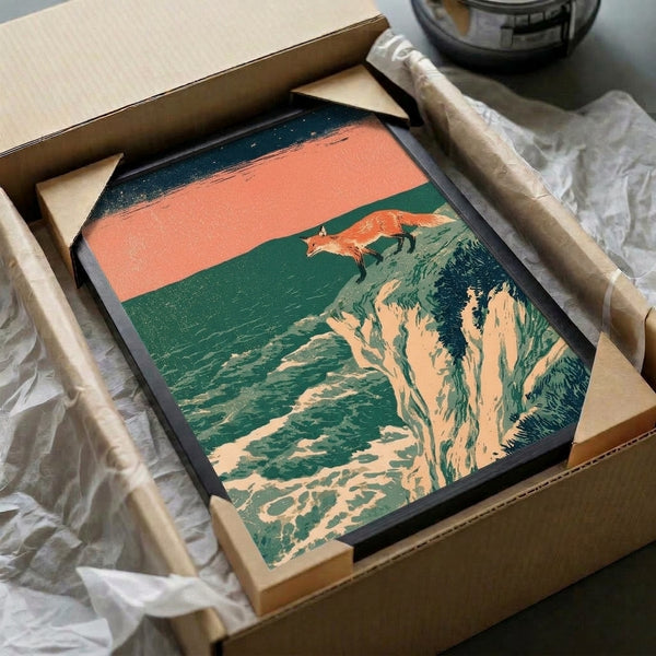 Japanese-inspired woodblock art print of a fox at cliff's edge overlooking the ocean at dusk, with gold stars scattered across a charcoal sky and a palette of rust orange, teal, and cream conveying serene wildlife contemplation.