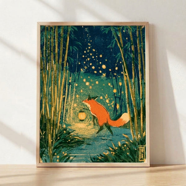 Japanese woodblock-inspired framed poster featuring a fox in a bamboo forest at night, with a glowing lantern and fireflies in deep teal, forest green, and gold tones creating a serene, magical atmosphere.