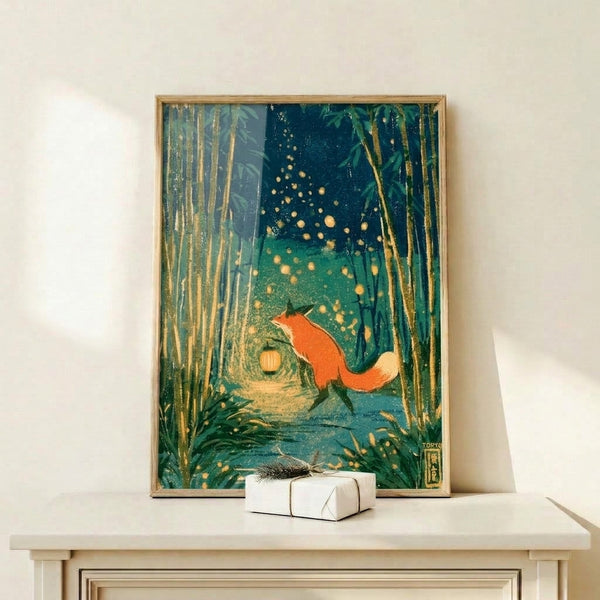 Japandi art print on wall showing a contemplative fox surrounded by bamboo stalks, lantern light, and floating fireflies in minimalist style with rich jewel tones and cream accents.