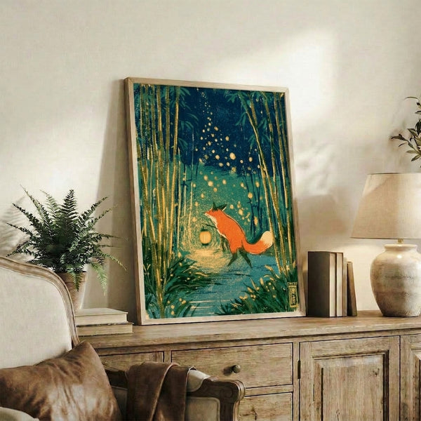 Framed ukiyo-e style poster depicting an enchanted forest scene with a solitary fox, lantern glow, and fireflies amid tall bamboo in deep teals and burnt orange hues.