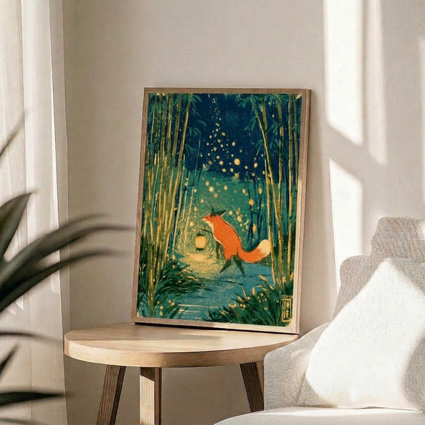 Minimalist Japanese-inspired wall art featuring a fox in a peaceful bamboo grove with a glowing lantern and fireflies rendered in gold, teal, and forest green.