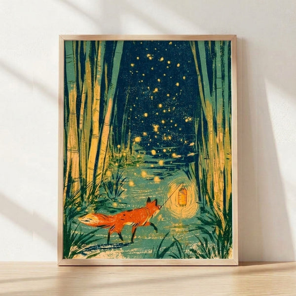 Framed art print of a fox in a misty bamboo forest, illuminated by a golden lantern and glowing fireflies, rendered in vintage boho style with deep teal, rust, and sage green tones.