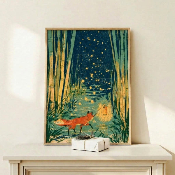 Whimsical forest scene featuring a fox among bamboo stalks with a warm lantern glow, fireflies, and a gentle stream in soft vintage palette of cream, golden yellow, and deep teal.