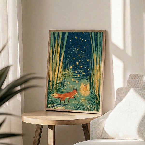 Serene nature poster showing a magical fox lantern moment in a bamboo forest clearing, with fireflies and moonlit stream, painted in muted boho colors of sage, rust, and teal.