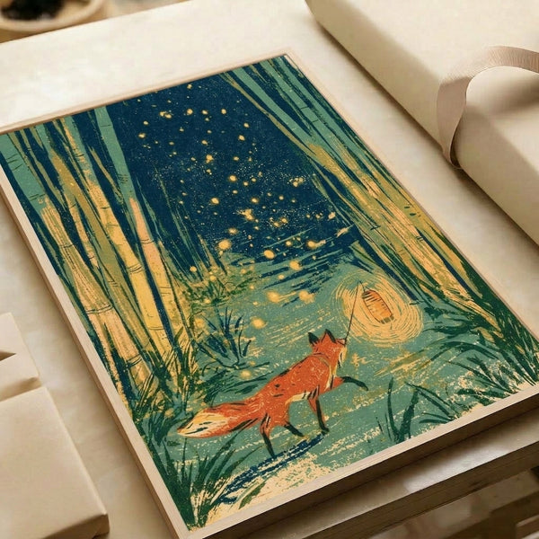 Vintage-style framed print depicting a fox's enchanted evening in a bamboo grove, complete with glowing lantern, ethereal fireflies, and tranquil stream in warm golden and cool teal hues.