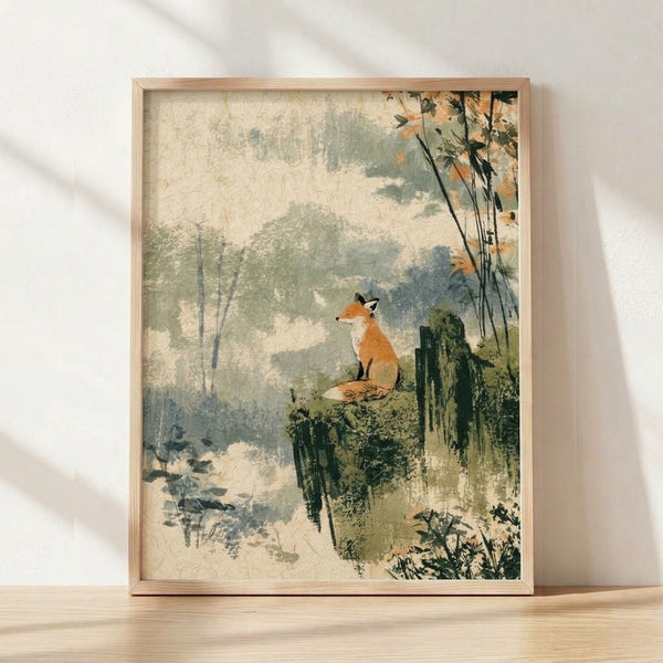 Serene watercolor landscape featuring a rust-orange fox perched on a misty cliff, surrounded by sage green forest and charcoal trees in soft, muted tones.