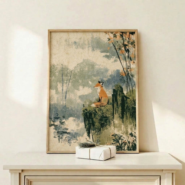 Peaceful Japandi-style watercolor painting of a solitary fox overlooking a foggy woodland valley rendered in cream, sage, and warm rust hues.